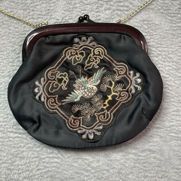 Vintage Black Silk Bag Gold Chain Classy Chic Festival Unique Glamorous Hand Bag - Picture 2 of 8